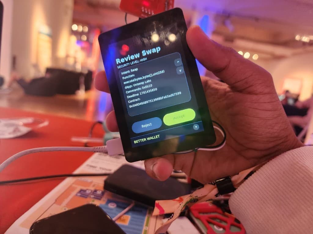 Better Wallet hardware prototype showing clear-signing confirmation screen